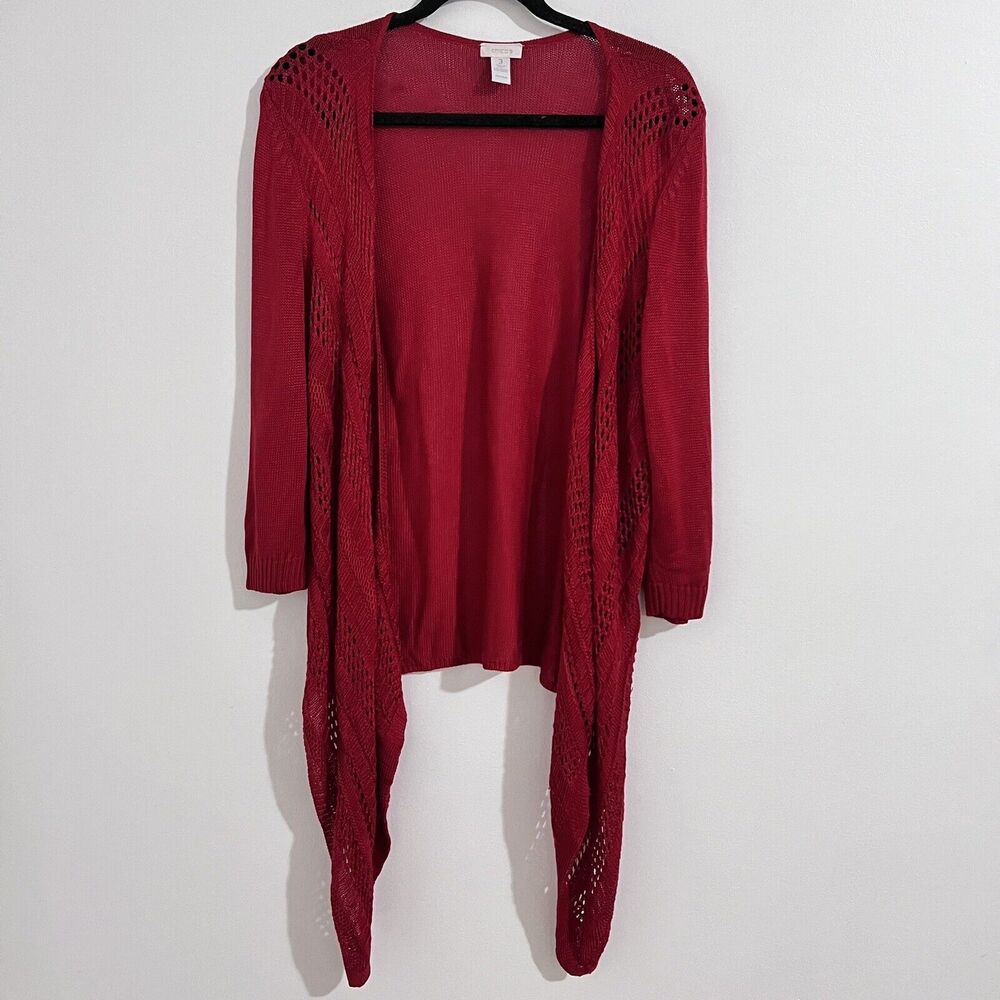 Chico's Knit Waterfall Red Open Cardigan Size‎ 3 / XL Cottage Career Layer Boho